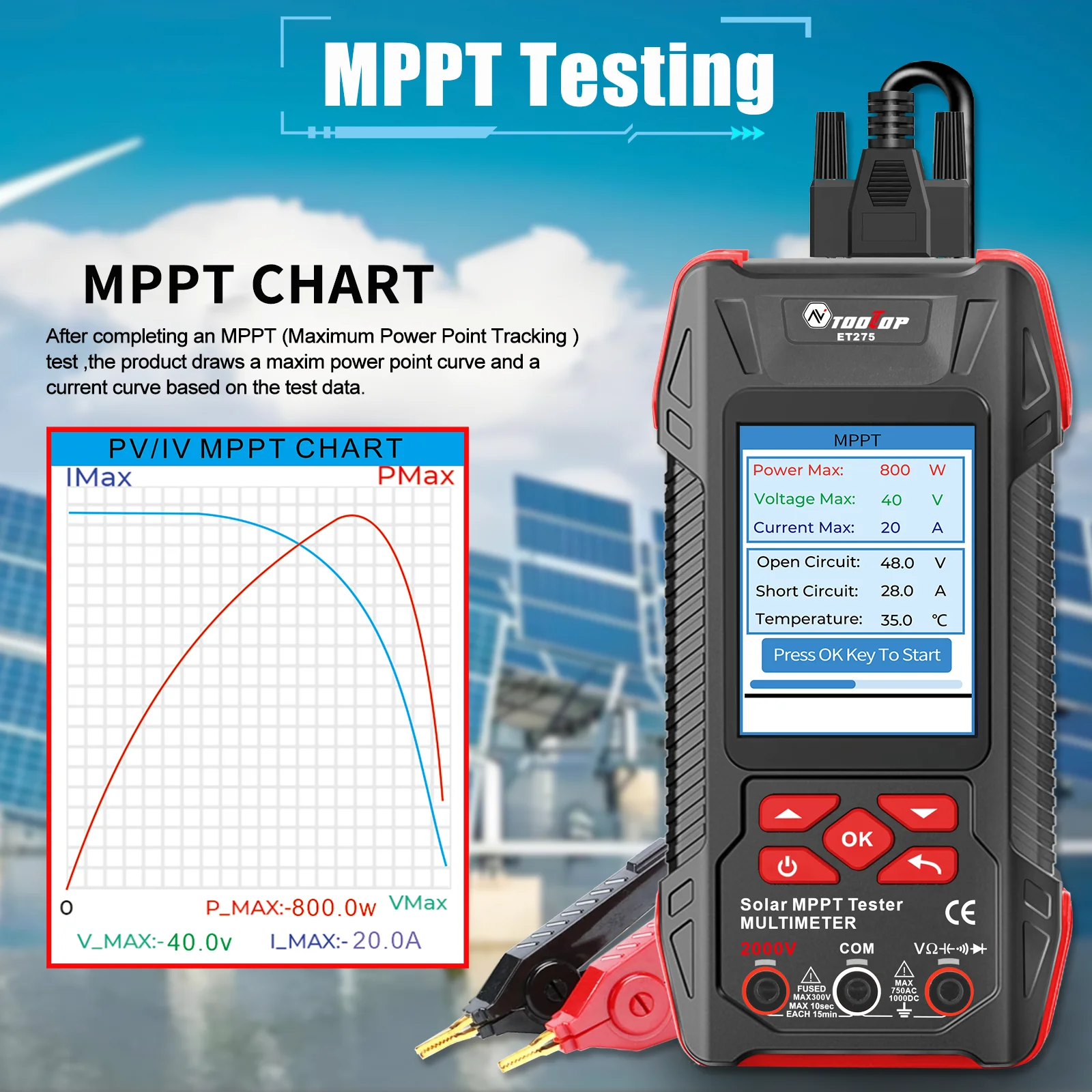 2000W Solar Panel Tester 3.2Inch MPPT Curves Photovoltaic Multimeter Pmax Voc Ls
