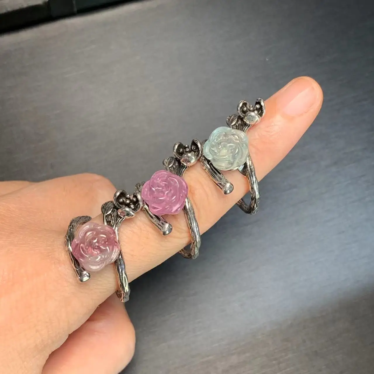 Natural Fluorite Flower Ring Female Jewelry for Women Gift Colorful Stone Crystal Cute Unique