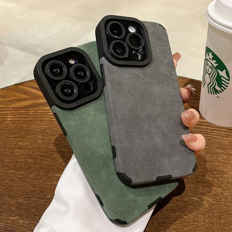 Premium Matte Leather Shockproof Phone Case with Soft Silicone Bumper