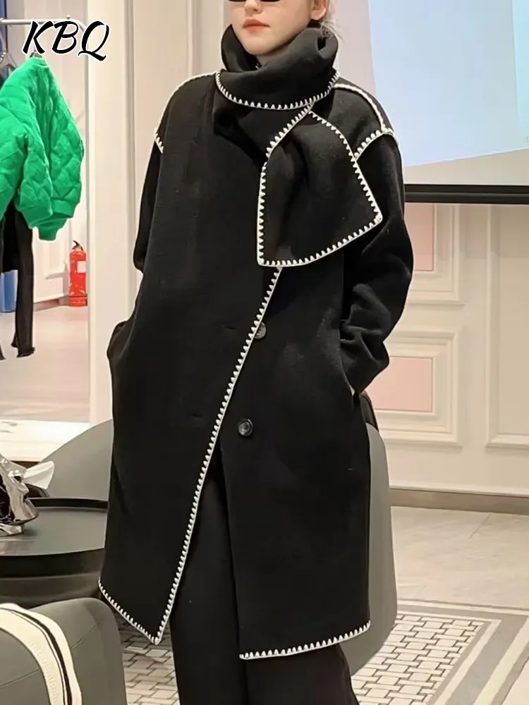 

KBQ Hit Color Asymmetrical Casual Coat For Women Scarf Collar Long Sleeve Spliced Single Breasted Loose Warm Coats Female New