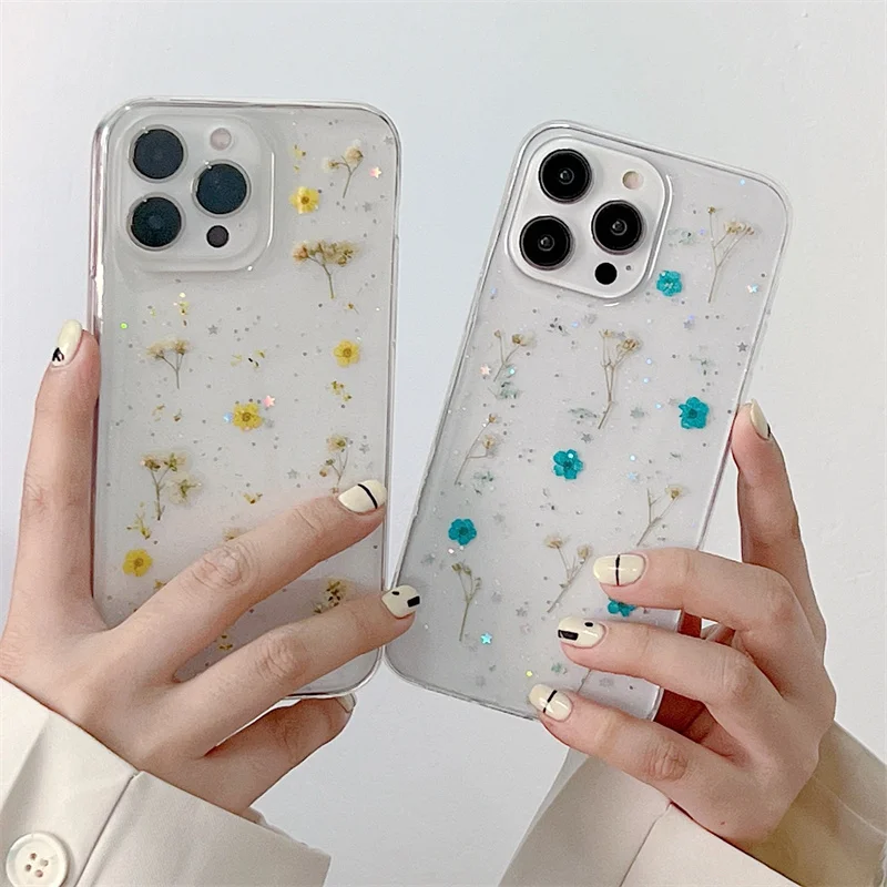 Luxury Clear Glitter Bling Real Dried Flower Phone Case For iPhone