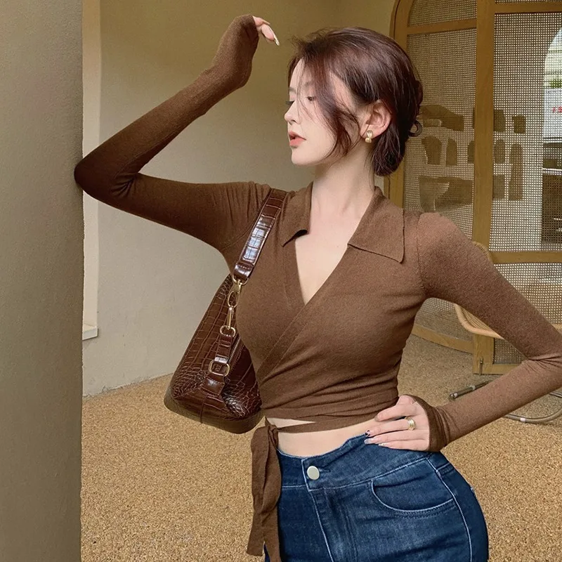 

Женский однотонный облегающий сексуальный свитер с V-образным вырезом и длинными рукавами