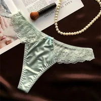 String en dentelle creuse pour femmes, Satin brillant, soie lisse, taille basse, sous-vêtements avec nœud, Lingerie sans couture 3