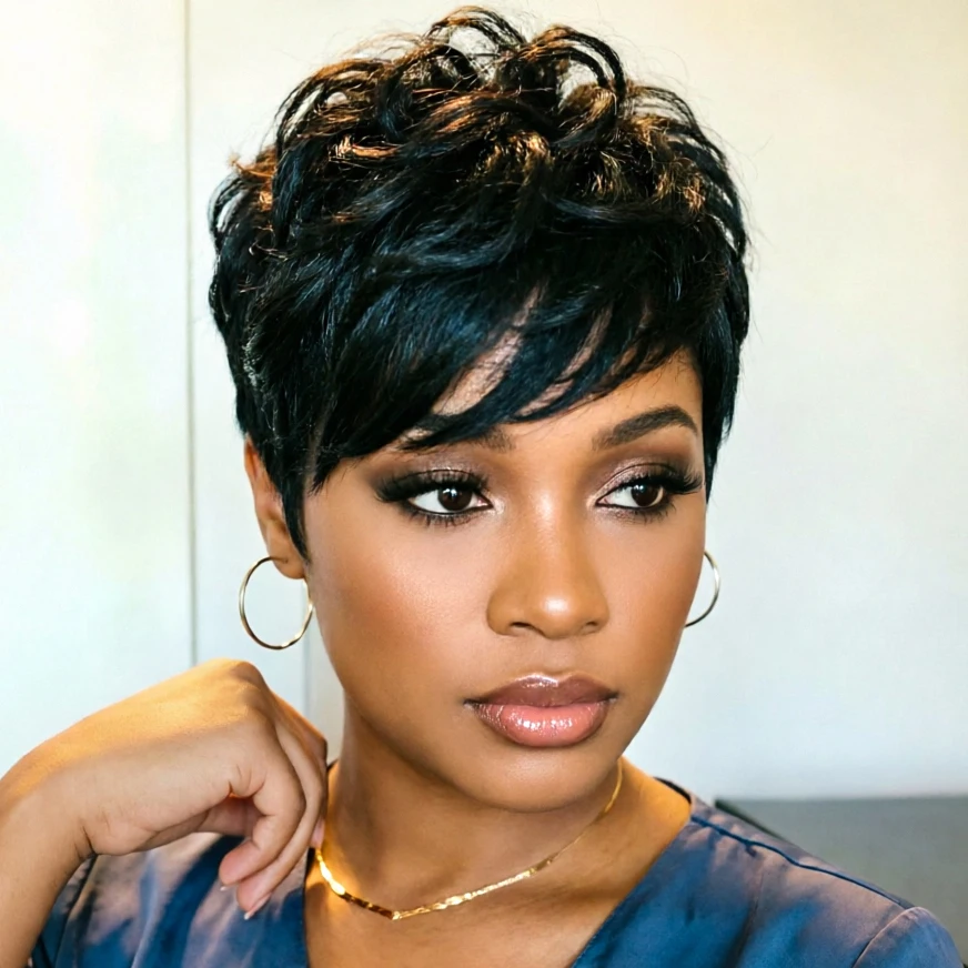 Parrucca Pixie Cut in Capelli Umani, Parrucca Corta a Strati per Donne, Capelli Umani Brasiliani, Interamente Realizzata a Macchina - immagine 4