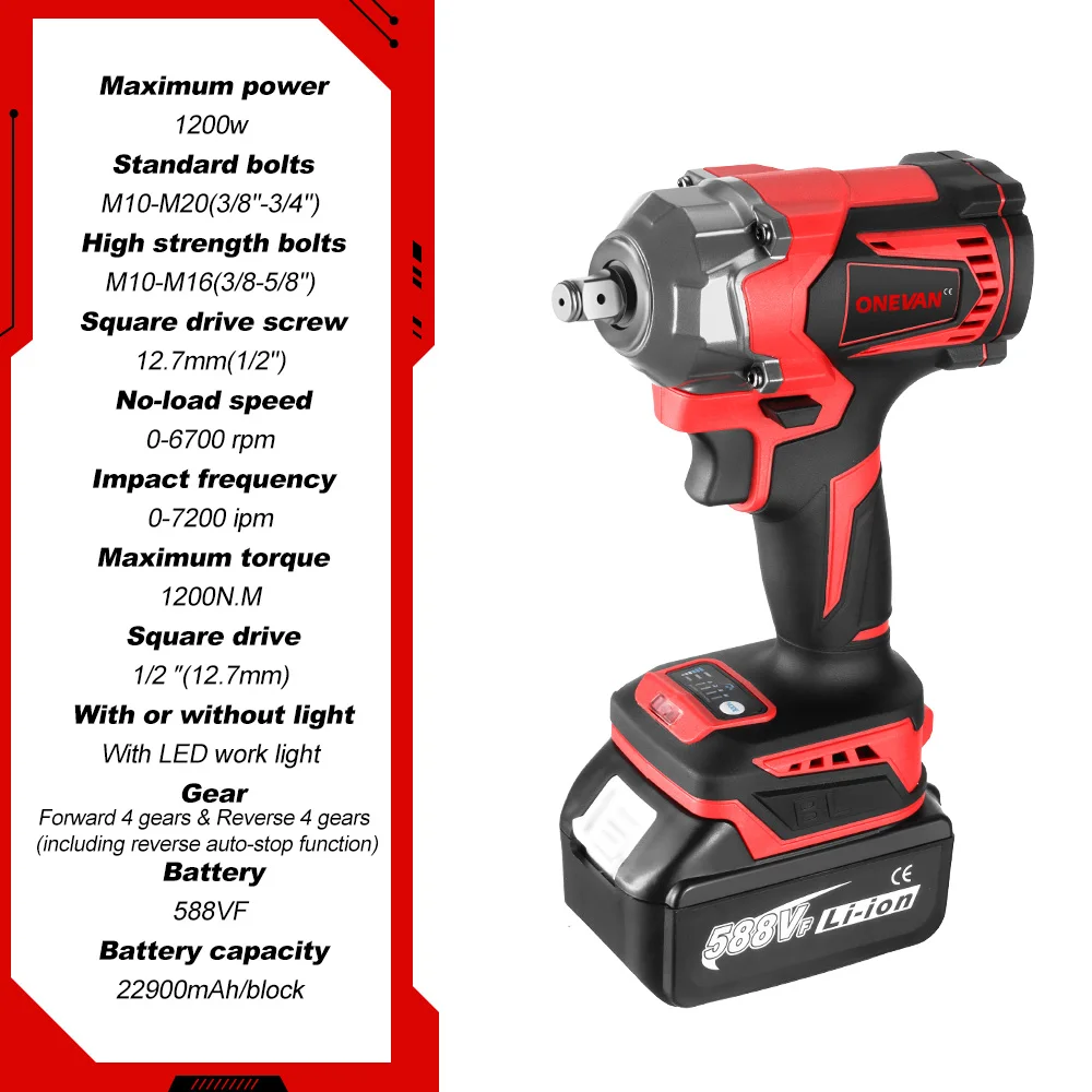 ONEVAN 1200N.M Torque Brushless Electric Impact Wrench with 588VF Battery 1/2