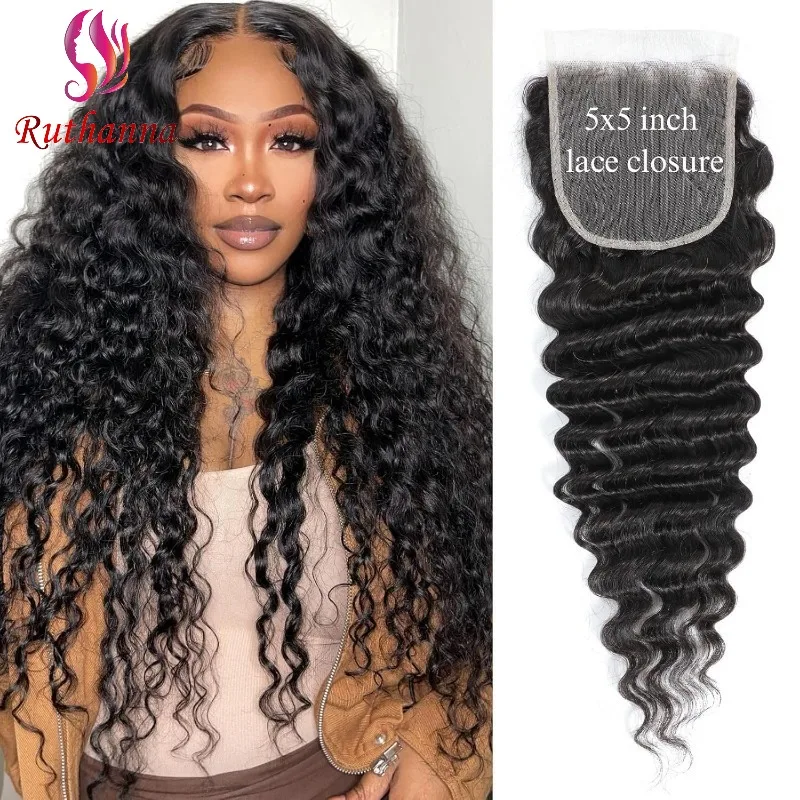 5x5 Lace Closure Deep Wave Human Hair Pre-Plucked Hairline Brazilian Virgin Hair Transparent Lace Closure For Black Women