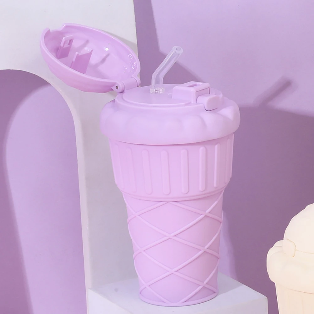 Kawaii Ice Cream Shape Drinking Water Bottle with Straw Kids Plastic Travel Juice Milk Cup Portable Shaker Drink Bottle 500ML