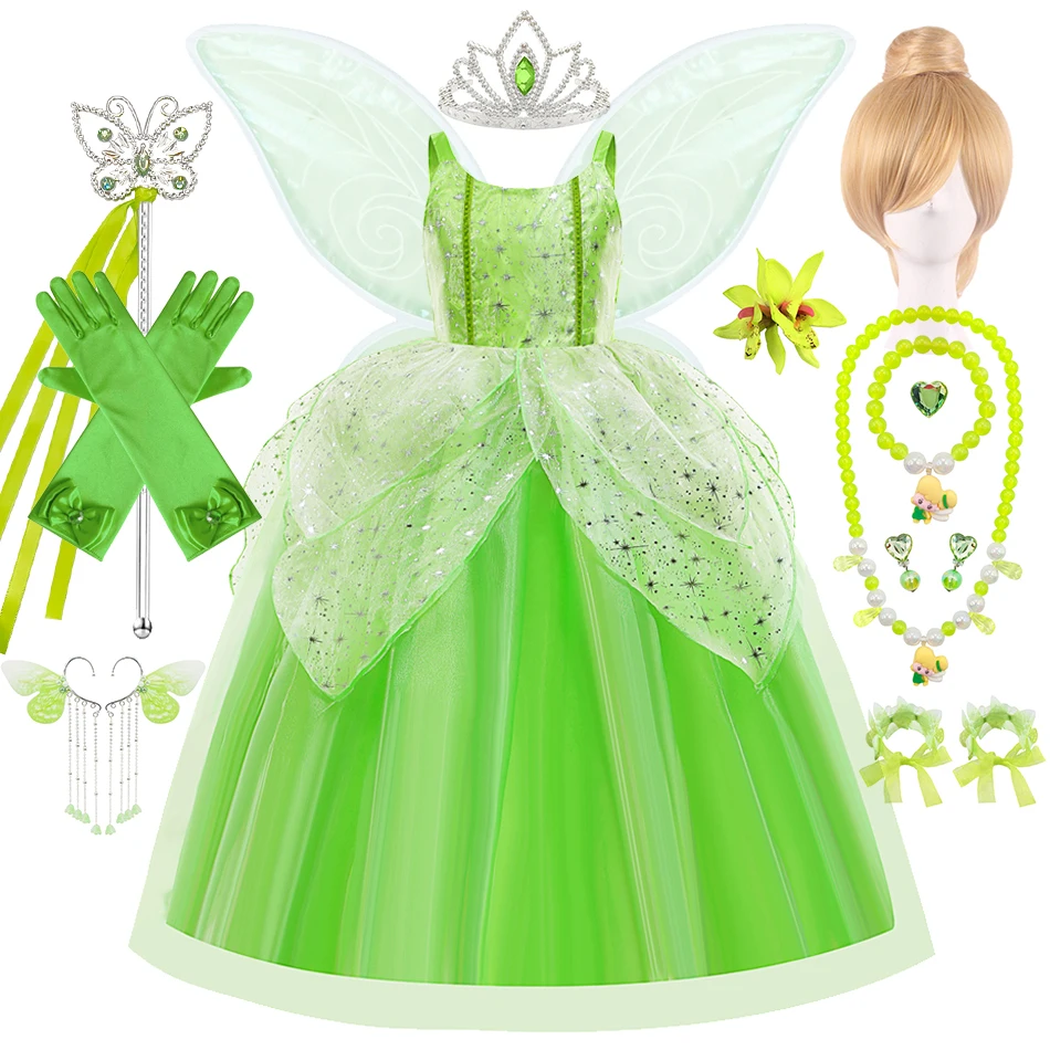 

Костюмы Tinker Bell для детей, косплей, платье принцессы, крылья эльфов, карнавал, Хэллоуин, аксессуары, наряды для девочек, Красивая зеленая одежда феи