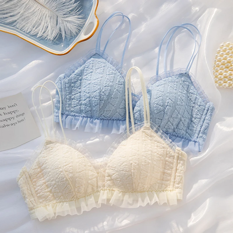 

Roseheart For Women Blue Red Lace Mesh Bra Sets Straps Bralette Cotton Panties Wireless Underwear Lingerie Cup A B