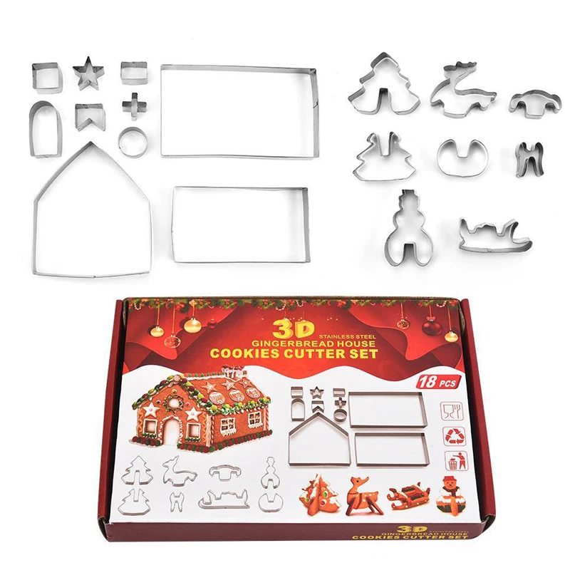 Cookie cutter Christmas Gingerbread House Cookie Cutter Set 3D Stainless Steel Biscuit Mold Fondant Baking Tool Party Decoration cookie mould pastry cutter