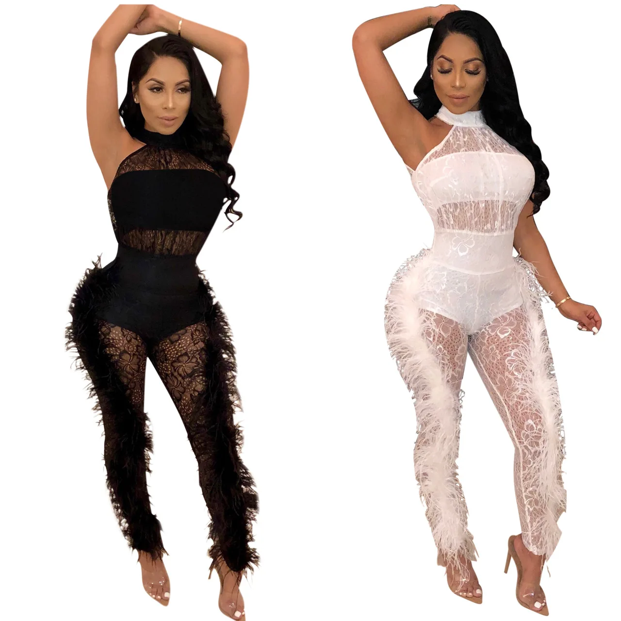

Hot selling sexy solid color feather edge jumpsuit