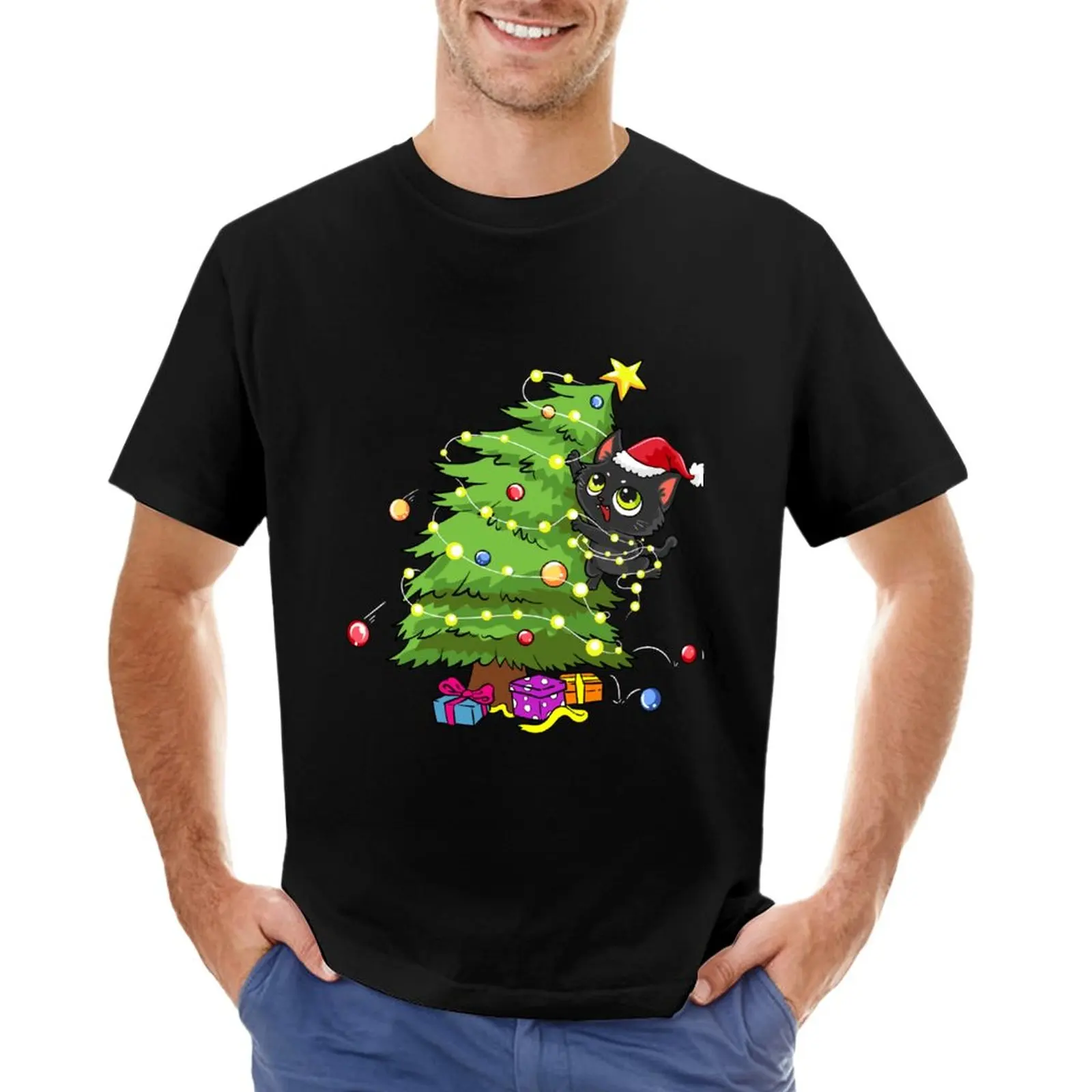 

Santa Black Cat Tangled Up In Christmas Tree Lights Holiday T-Shirt boys animal print cute tops men clothing