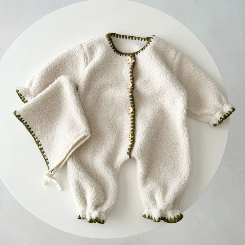 Winter Fashion Baby Romper Lamb Wool Jumpsuit Hat Set for Boys Girls Loose Toddler Infant Rompers Plush Kids Clothing 0-3Years 3