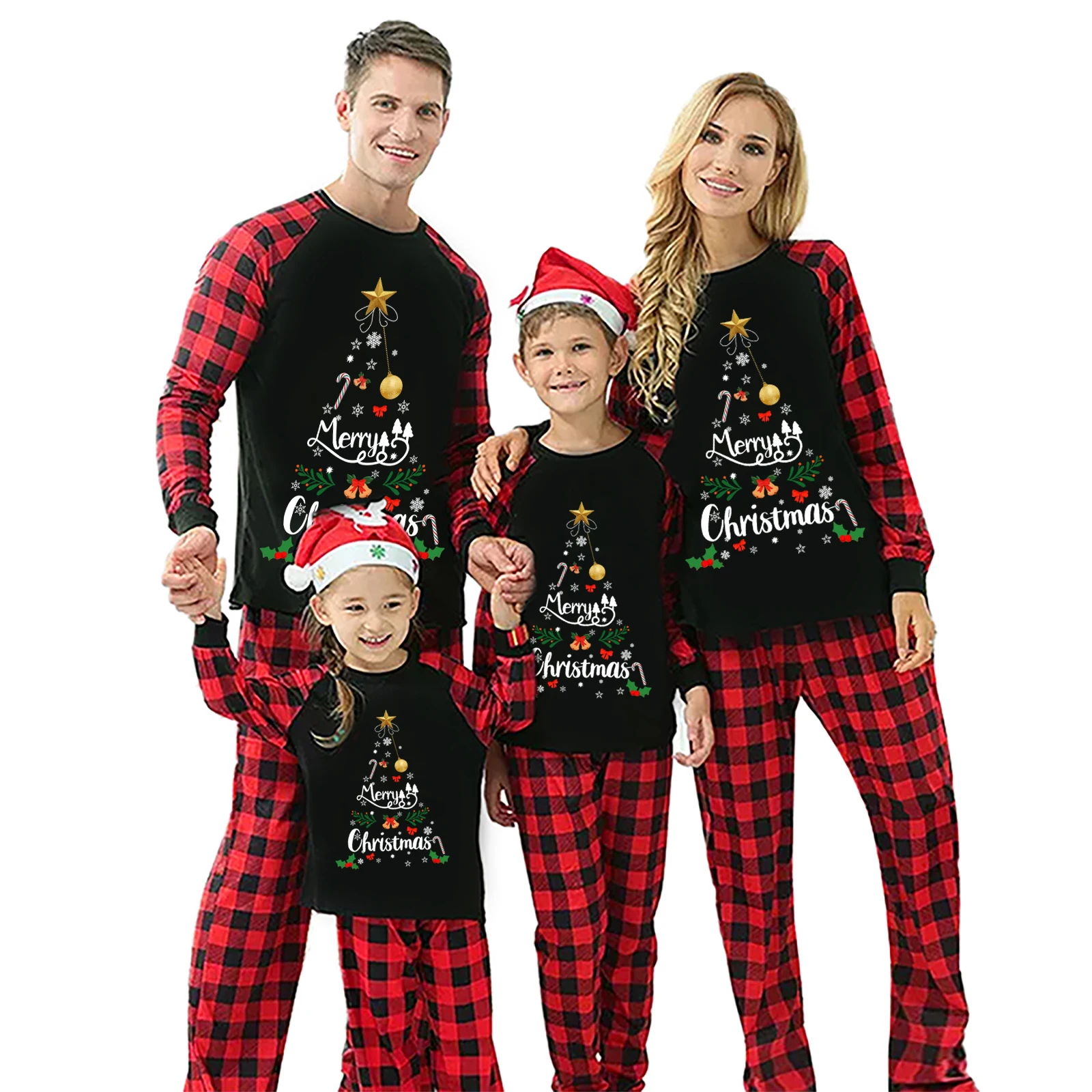thumbnail image 2 of Conjunto de pijamas familiares navideños a juego, camiseta de manga larga con estampado de letras y pantalones a cuadros, ropa de dormir para estar en casa, 2 of 5