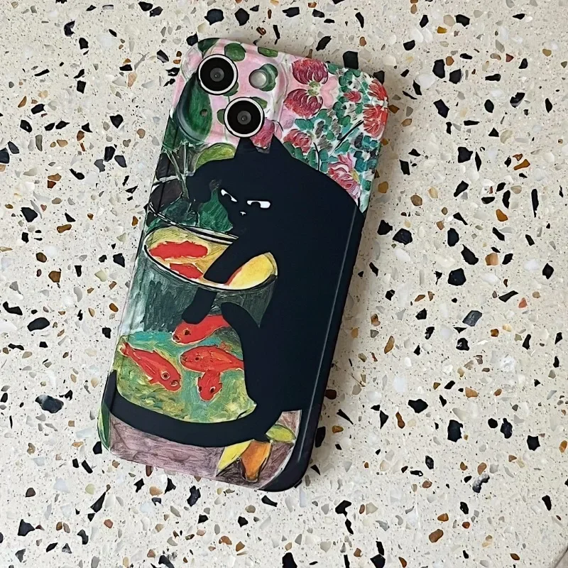 Retro Ölgemälde Schwarze Katze Telefon Fall Für iPhone 17 16 15 14 13 12 11 Pro Max mini SE 7 Plus Stoßfest Silikon Abdeckung Fundas