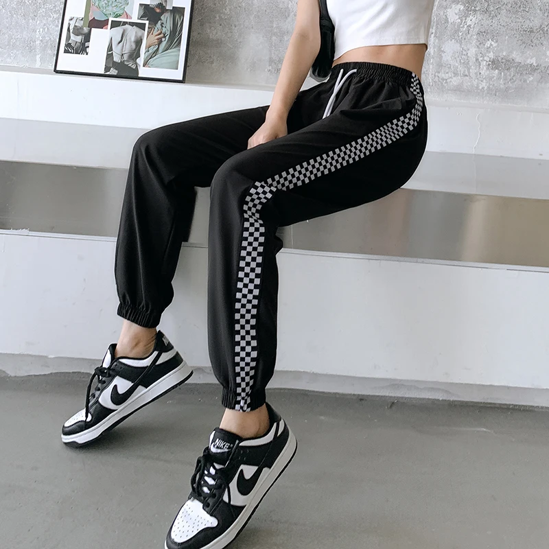 Women's Spring Autumn Elastic High Waist Solid Checkered Pockets Lantern Casual Tie Feet Harlan Sports Trousers Fashion Pants