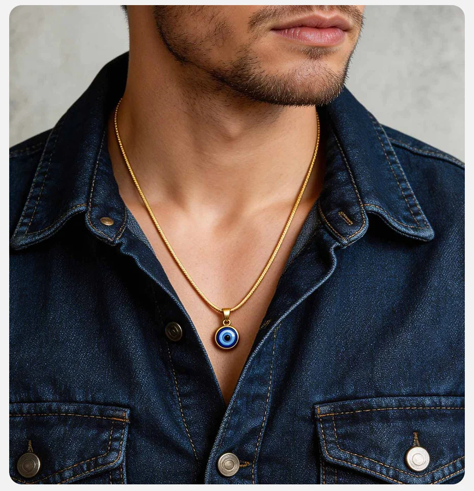 Vnox Halskette mit bösem Blick-Anhänger für Männer und Frauen, goldfarben, silberfarben, Edelstahlkette, Schutzamulett, Glücksbringer, Schmuck, Geschenk – Detail 3