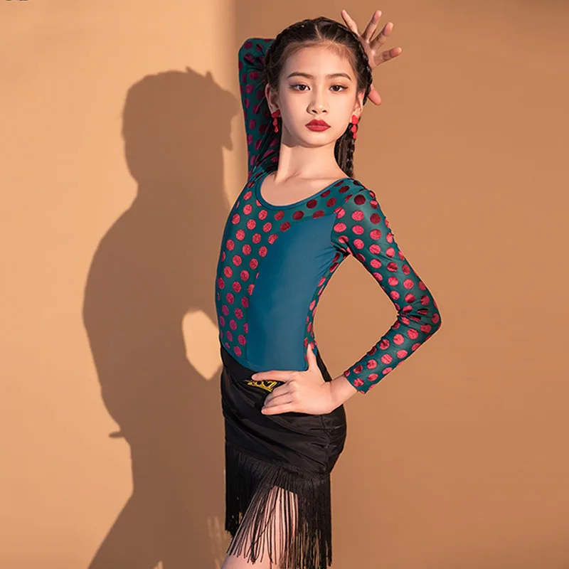 

Latin Dance Costume For Girls Long Sleeve Tassel Backless Dress Children Tango Rumba Practice Competition Stage Wear DQL8959