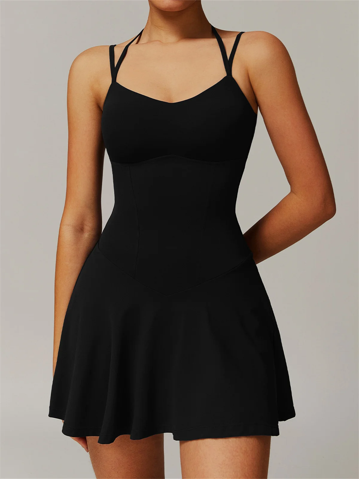 Women's Sports Tennis Dress Women Double Strap Slim Pocket Anti Glare A-line Short Skirt Outdoor Yoga Fitness Running Dresses