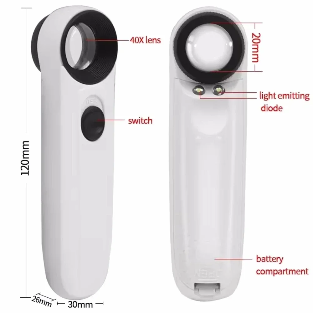 40X Handheld Magnifier with LED Light Pocket Magnifying Glass Portable Illuminated Magnifying Loupe for Jewels Inspection