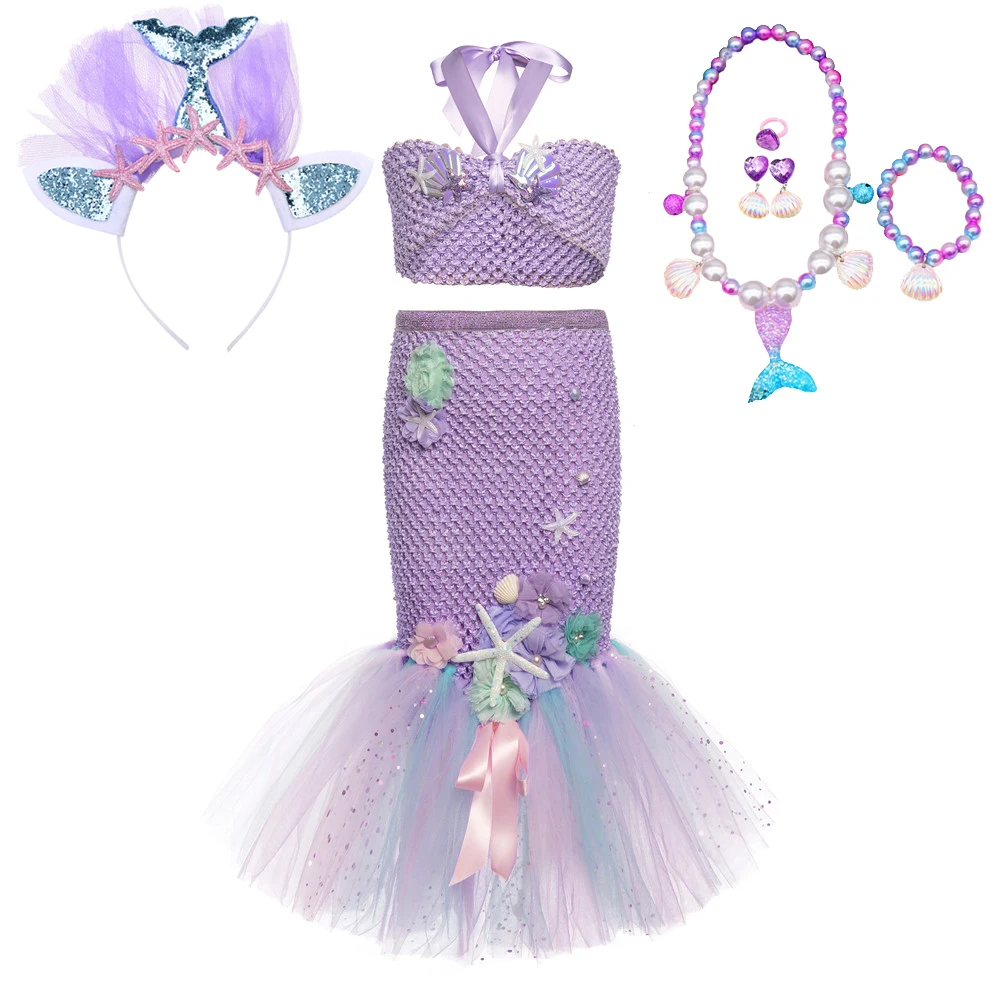 

Lavender Purple Mermaid Tutu Skirt Outfit for Girls Flowers Seamaid Princess Dress Up Costumes Kids Birthday Ballet Tutus Set