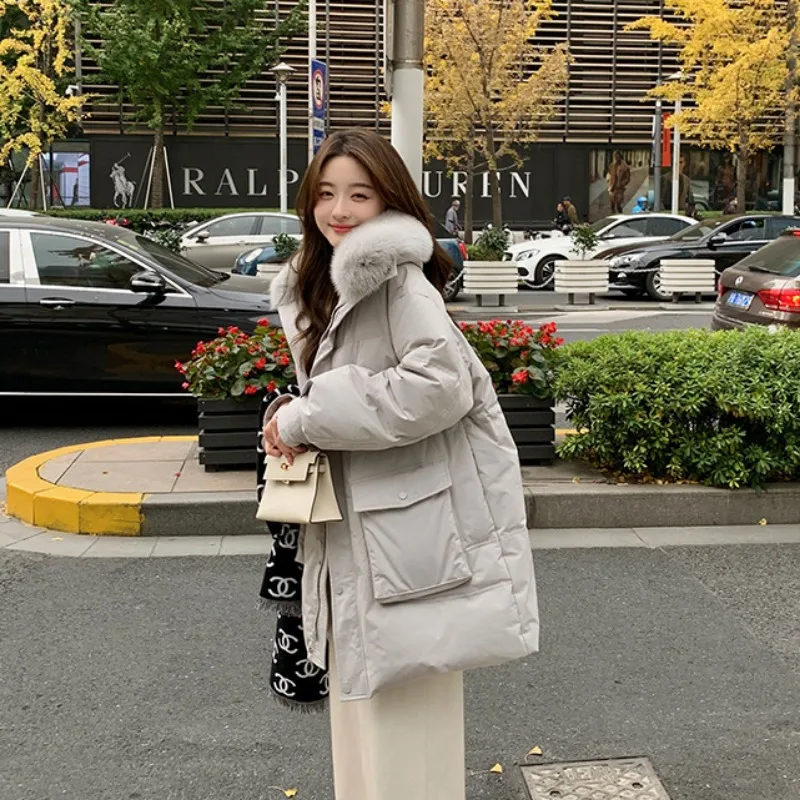 2023 New Women Down Jacket Winter Coat Female Mid Length Version Parkas Loose Thick Warm Outwear Hooded Fur Collar Overcoat
