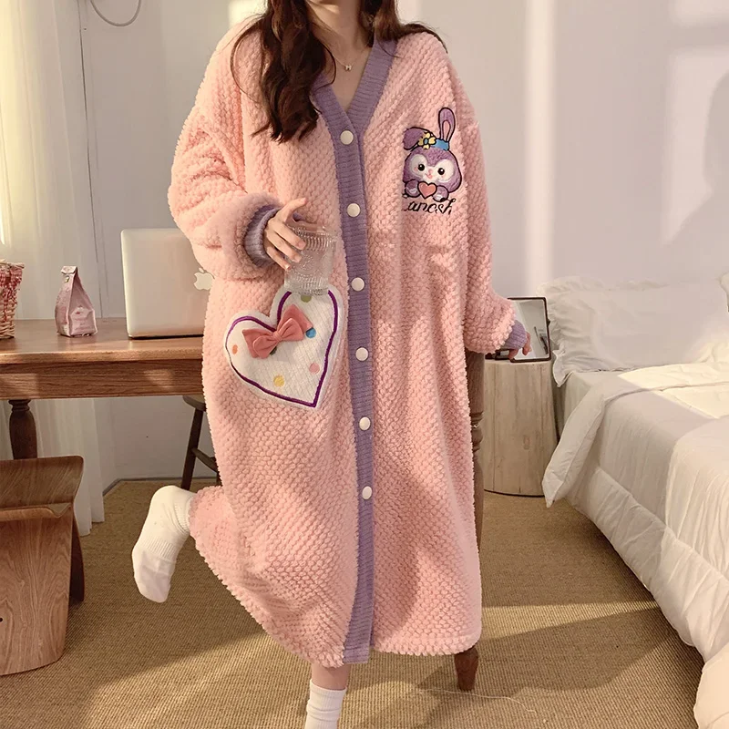 Women's Autumn Winter Coral Fleece Long Robe Morning Gowns Cartoon Anime Embroidered Bathrobe Fleece-lined Thick Thermal Pajamas