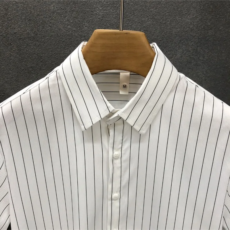 Minimalist Business Casual Comfortable Men's 2024 Summer New Patchwork Square Collar Button Striped Slim Short Sleeved Shirts