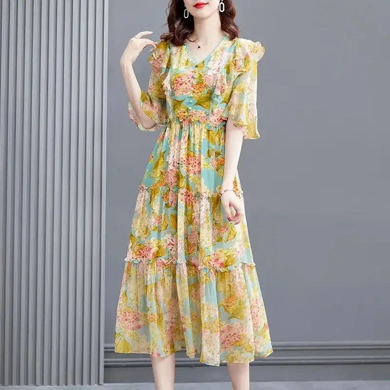 

Women's Clothing Floral Print Ruffle Elegant Long Party Dresses 2023 Summer Trend V Neck Short Sleeve Sweet Beach Dress Vestidos