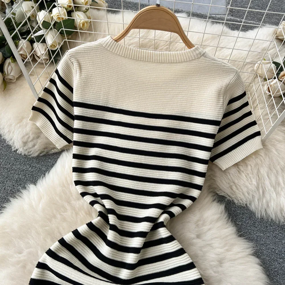 Summer Striped Beach Knitted Dress O Neck Short Sleeves Chic Hotsweet Slim Sundress Streetwear Y2K Bodycon Midi Dress 2
