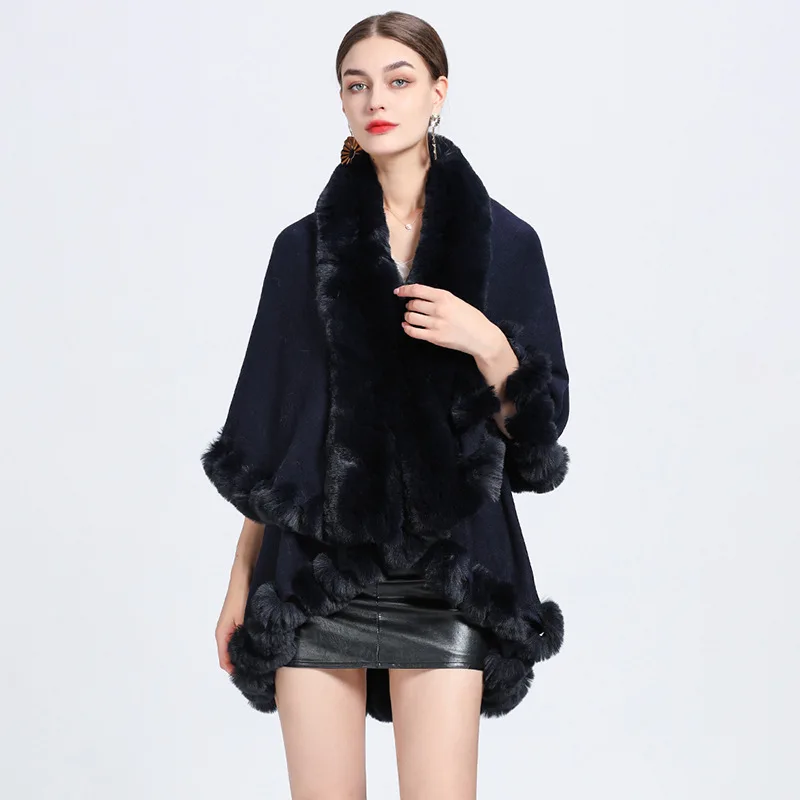 

Autumn Winter New Imitation Otter Rabbit Fur Collar Shawl Knitted Cardigan Loose Coat Ponchos Women Capes Navy Cloak