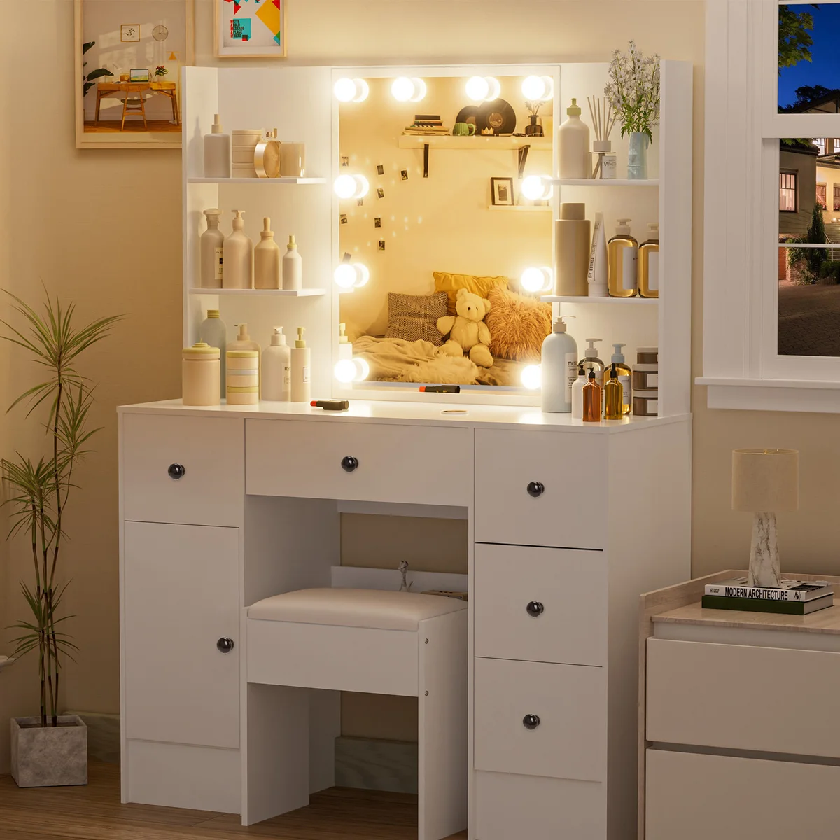 White Modern Vanity Set, LED Lighted Mirror, 3 Color Dimmable, 5 Drawers & Stool, Bedroom Dresser — view 4