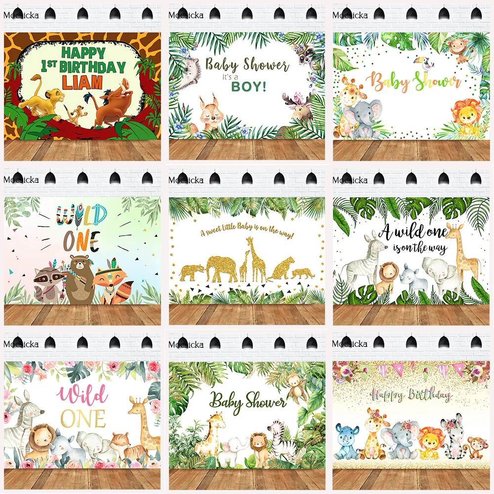 Mocsicka CUSTOM Rainforest Animals Wild One Backdrops Children Happy Birthday Party Photography Background Cake Table Banner