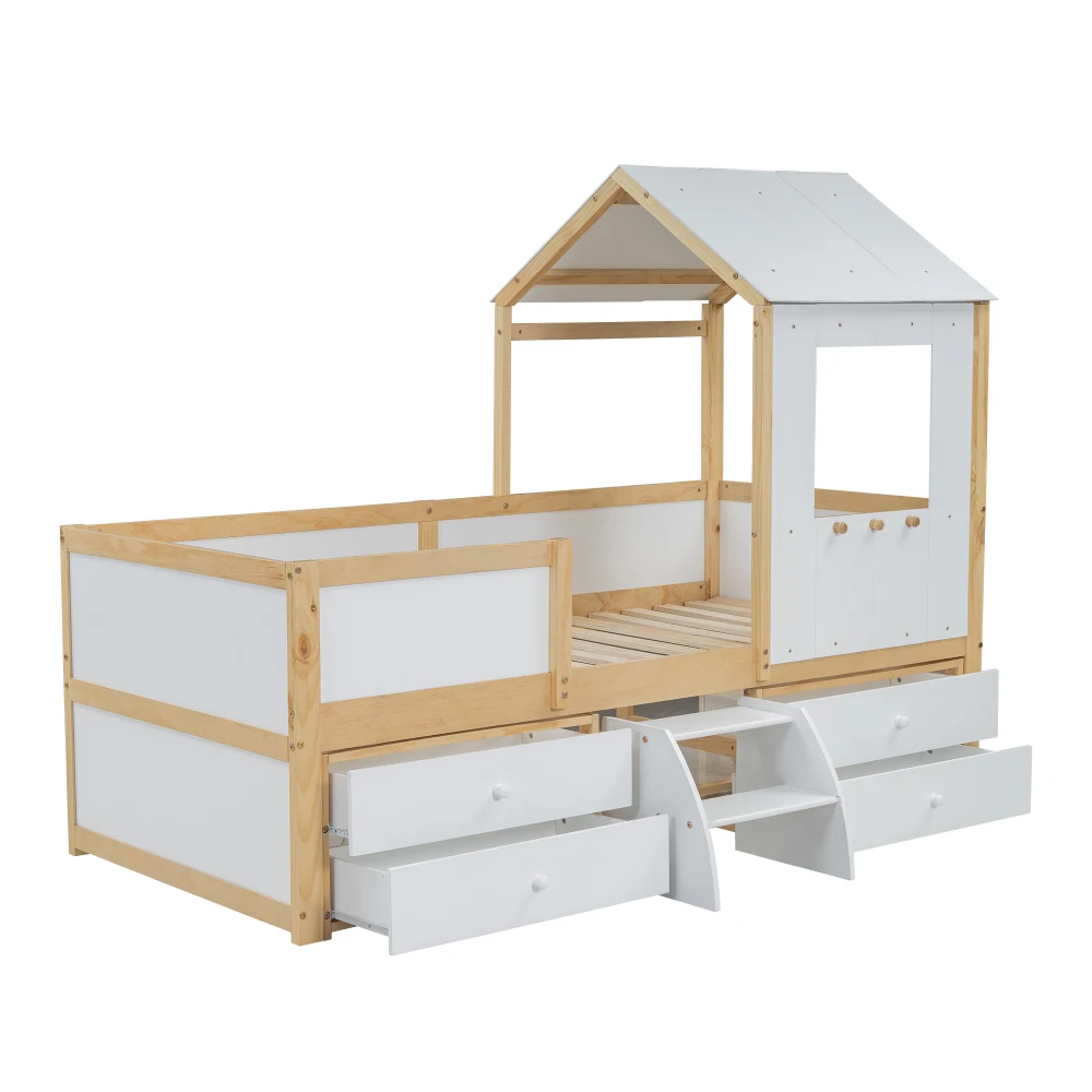 90 x 200 cm großes Schlafzimmer-Halbhochbett, Hausbett mit Dach und Fenster, vierseitiger Zaun, mit 4 Schubladen und kleinen Treppen, Weiß + Natur – Detail 19