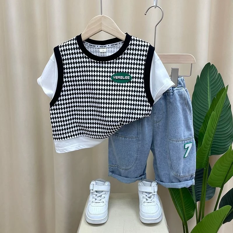 

Summer Boy Clothing Sets Baby Plaid Short Sleeve Patchwork T-Shirt + Pants Boys Suit 2pc Children Boys Clothes 2-12 Yrs Outfits