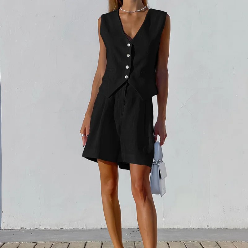 2023 New Cotton Line Waistcoat Shorts Sets Women Sleeveless Single Breasted Top Two Piece Set Womens 2023 Summer Lady Set