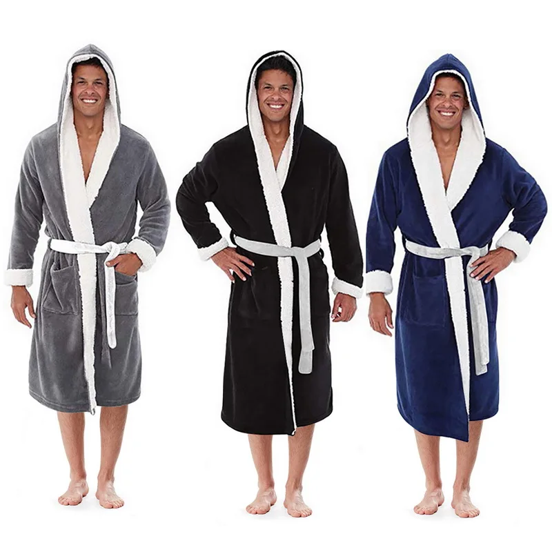 Robe Homewear Warm Hooded Flannel Terry Men’s Solid