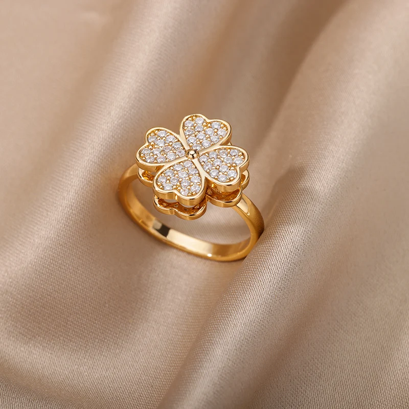 Adjustable Heart Four Leaf Clover Rotating Ring