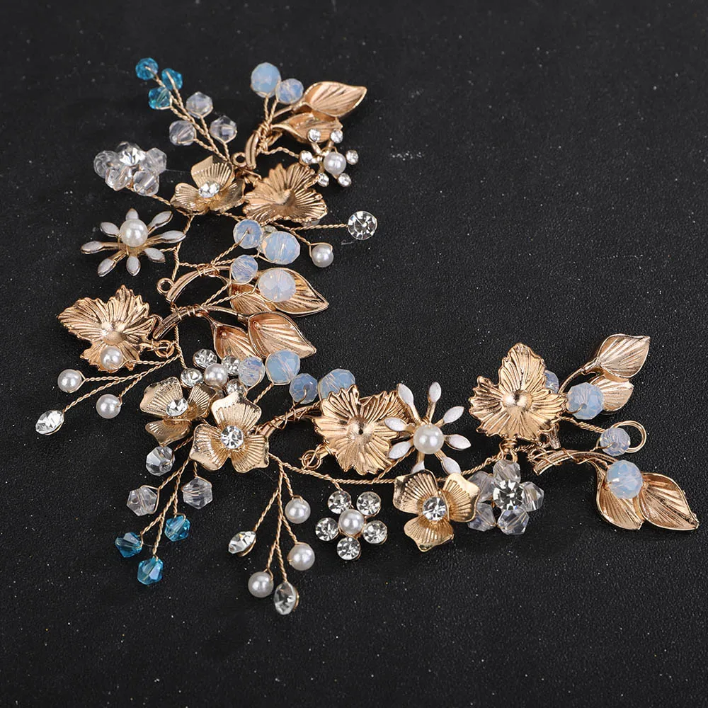 Women Leaf Headband Gold Crystal Rhinestone Flower Wedding Bridal Hair Accessories Bride Bridesmaid Pearl Jewelry Party Tiaras