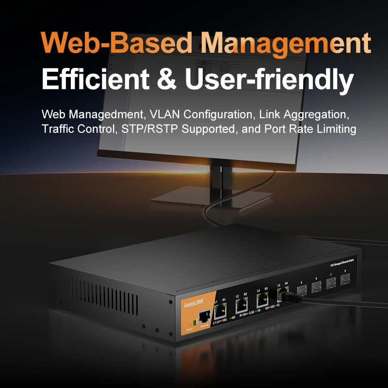 KeepLiNK 8포트 10Gbps 레이어 3 관리형 스위치 (4개의 10G Base-T RJ45 포트 및 4개의 SFP+ 포트 포함) 가정 연구실 사무실 NAS 워크스테이션용