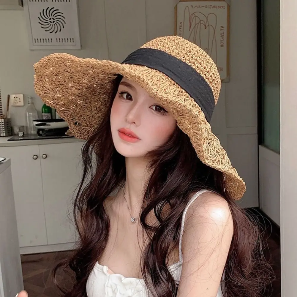 

UV Protection Women Hat Fashionable Big Brim Sun Protection Sun Protection Cap Straw Fabric Beach Sunhats Outdoors