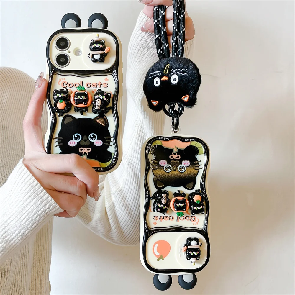 Adorable Cartoon Black Cat Push-Pull Lanyard Phone Case - Soft Protective Cover
