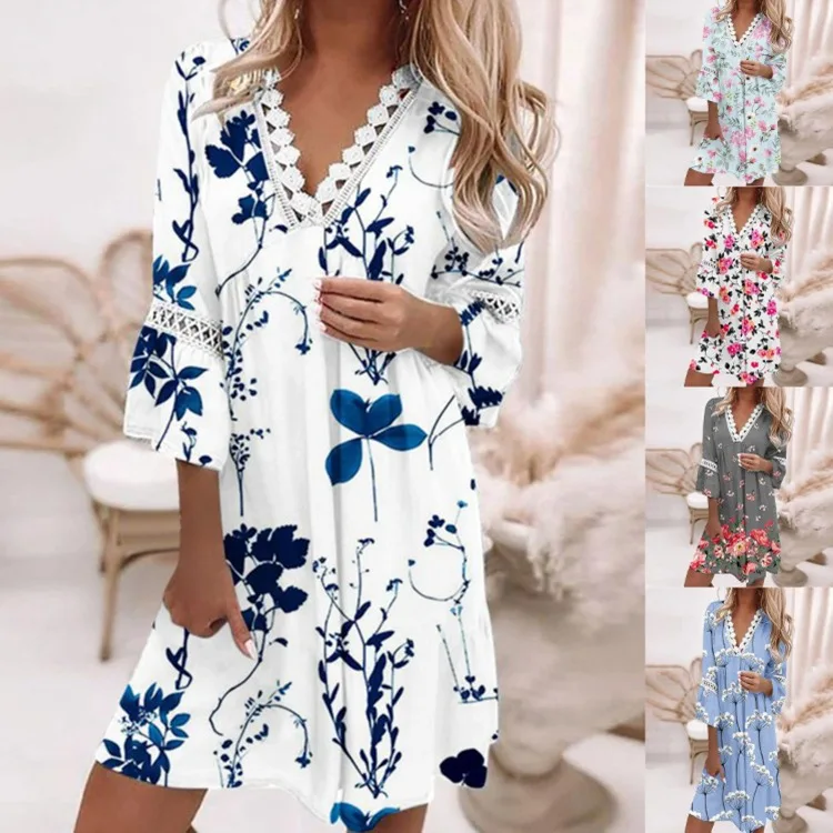 

Fashion Women's Elegant Lace V-neck Long Sleeve Printed Vintage Dress Autumn Summer Casual Loose Beach Party Pullover Dress