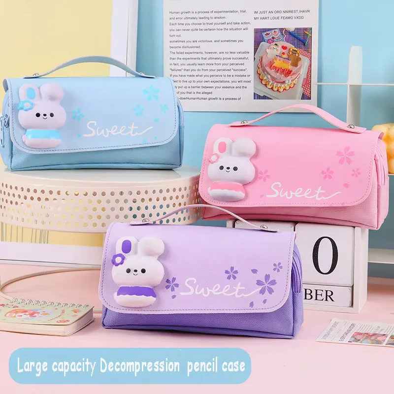 1Pcs 여자를위한 귀여운 토끼 감압 연필 케이스 어린이 방수 대용량 3D 펜 가방 학생 Kawaii 편지지