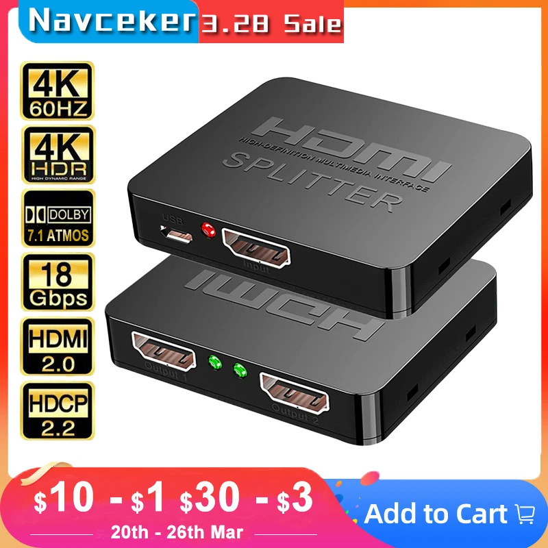 2022 Best 4k Hdmi Splitter 1x2 Hdmi 2.0 Splitter 1 In 2 Out Hdmi