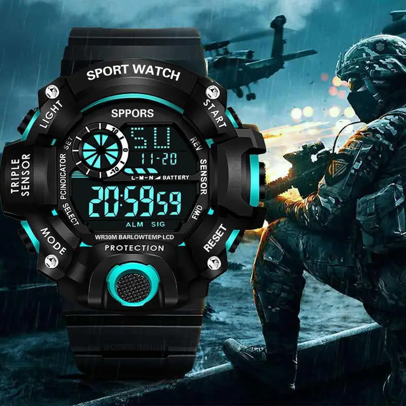 294824-0354da.jpg S7b4e09eab0274a1fbc0bf39d5f6b0c5cj H117 Men's Watch Fashion Sports Electronic Wristwatch Large dial Multifunctional Waterproof Luminous Alarm Male's Bracelet Mallzona