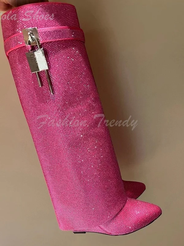 Pink Crystal Flat Knee Boot Women Luxury Diamond Black Leather Round Toe Calf Booties Silver Black Metal Buckle Zip Fashion Shoe