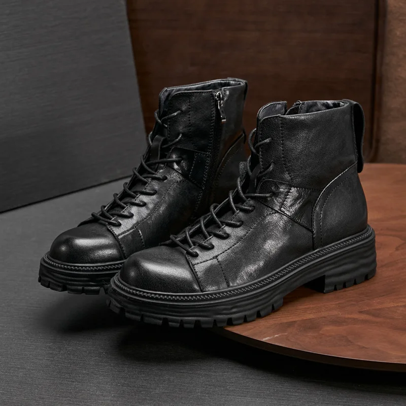 Autumn Winter High Quality Genuine Leather Boots Men Motorcycle Boots Male Ankle Boots Mens All-match Cowhide Combat Boots Mens