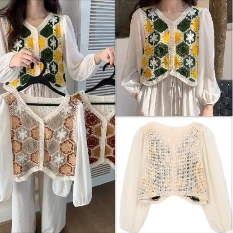 

Vintage Chiffon Shirt Women Casual Hollow Out Patchwork V-neck Long Sleeve Cropped Top