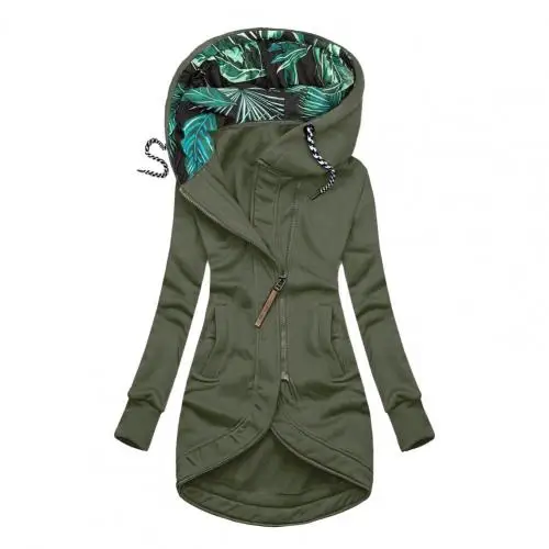 Fashion Casual Outerwear Streetwear Slim Long Hoodie Coat New Women Vintage Elegant Pocket Cardigan Printed Winter Zipper Jacket